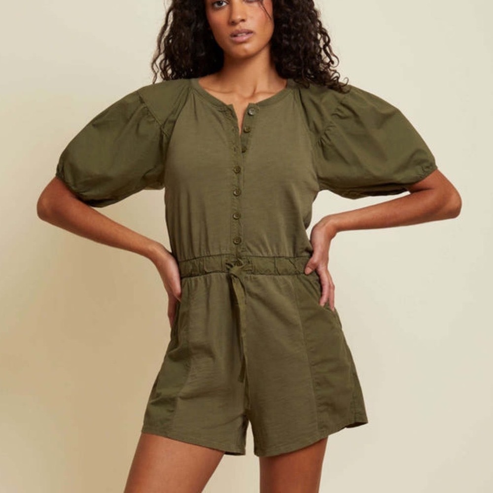 Nation LTD garner combo Mixed‎ Media Puff Sleeve Romper M Button Front ivy green